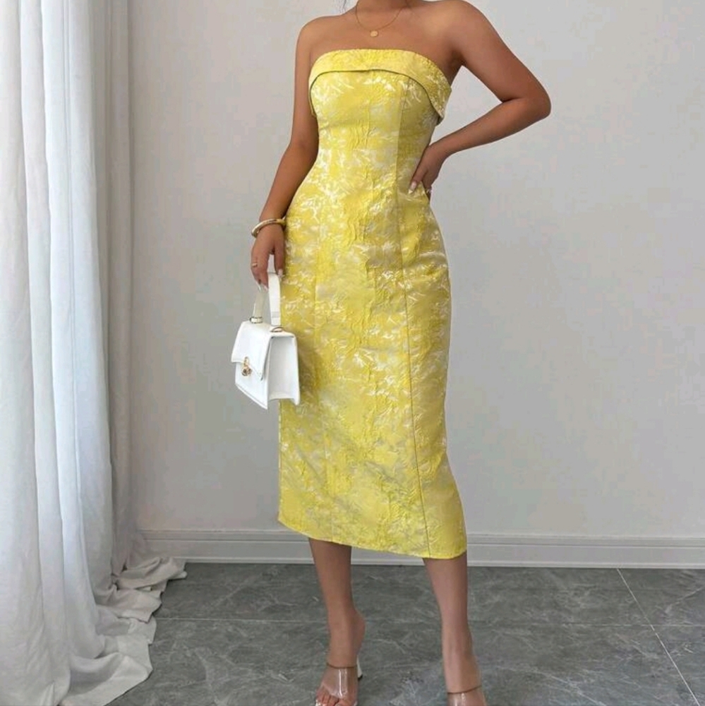 Women's Yellow Bandeau Design Waist Cinched Bodycon Midi Dress